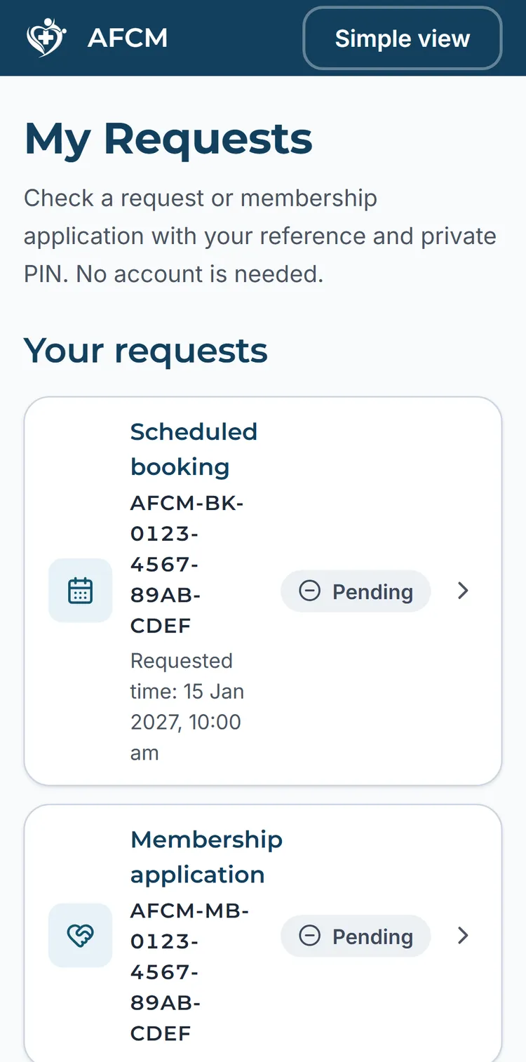 AFCM app My Requests screen listing a booking and a membership application with their statuses